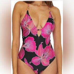 Trina Turk One Piece Swimsuit Plunge Neck Lace Up Back Size 4 Floral Multicolor